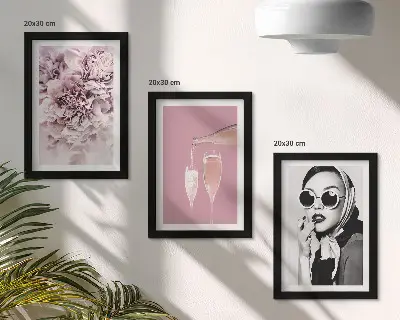 Įrėmintų paveikslų rinkinys rožinės gėlės ir elegantiška moteris