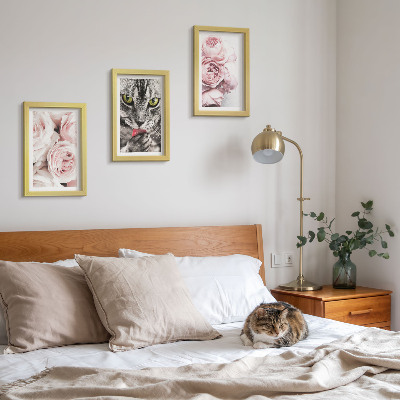Įrėmintų paveikslų rinkinys Katė tarp rožinių rožių ir bijūnų žiedų