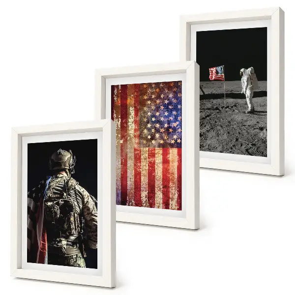 Įrėmintų paveikslų rinkinys su Amerikos nacionaliniais simboliais ir JAV vėliava