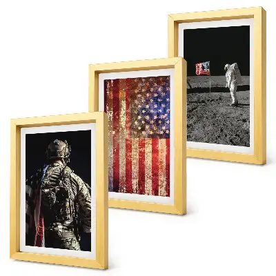 Įrėmintų paveikslų rinkinys su Amerikos nacionaliniais simboliais ir JAV vėliava