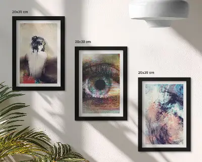 Įrėmintų paveikslų rinkinys moters akių portretas su abstrakčiomis emocingomis spalvomis
