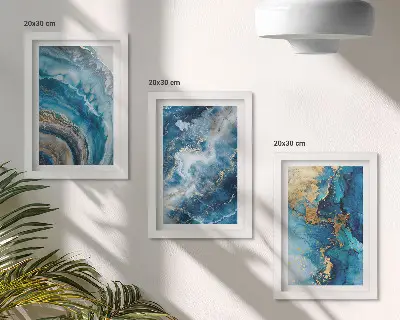 Mėlyni abstraktūs raštai trijuose paveiksluose 3 paveikslų rinkinys su rėmais