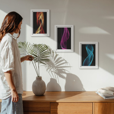 3 paveikslų rinkinys su rėmais Spalvingos neoninės linijos bangos tamsiame fone