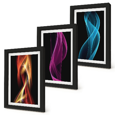 3 paveikslų rinkinys su rėmais Spalvingos neoninės linijos bangos tamsiame fone