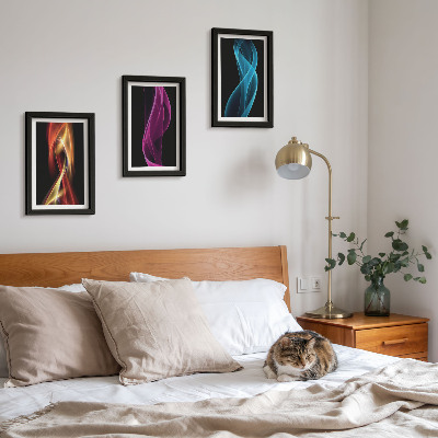 3 paveikslų rinkinys su rėmais Spalvingos neoninės linijos bangos tamsiame fone