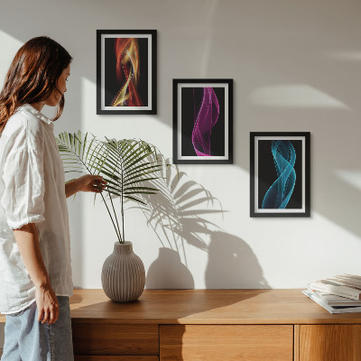3 paveikslų rinkinys su rėmais Spalvingos neoninės linijos bangos tamsiame fone