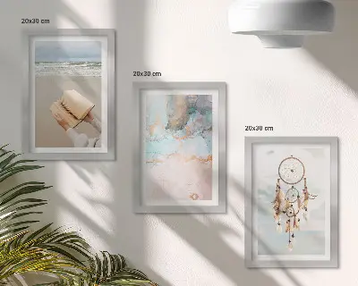 3 paveikslų rinkinys su rėmais abstrakčios jūros temos ir bohemiško stiliaus sapnų gaudyklės motyvai