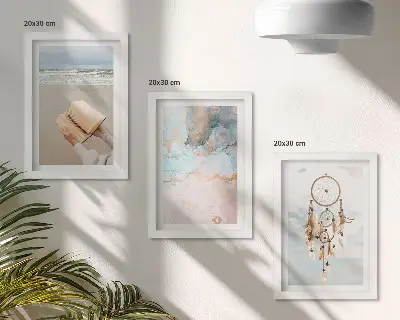 3 paveikslų rinkinys su rėmais abstrakčios jūros temos ir bohemiško stiliaus sapnų gaudyklės motyvai