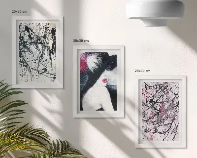 Įrėmintų paveikslų rinkinys abstraktūs dažų raštai su moterimi su skrybėle