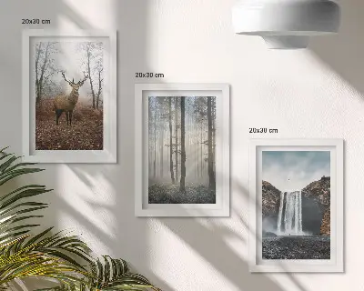 3 paveikslų rinkinys su rėmais miško peizažai su laukiniais elniais