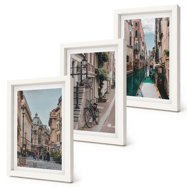 3 paveikslų rinkinys su rėmais Venecijos miesto gatvės su architektūra ir vandeniu