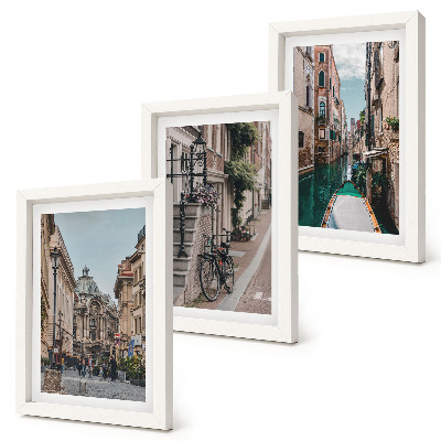 3 paveikslų rinkinys su rėmais Venecijos miesto gatvės su architektūra ir vandeniu