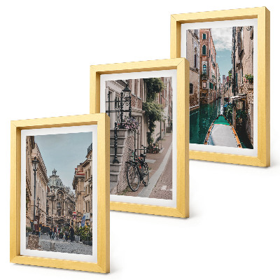 3 paveikslų rinkinys su rėmais Venecijos miesto gatvės su architektūra ir vandeniu