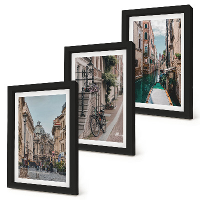 3 paveikslų rinkinys su rėmais Venecijos miesto gatvės su architektūra ir vandeniu