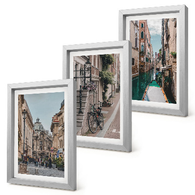 3 paveikslų rinkinys su rėmais Venecijos miesto gatvės su architektūra ir vandeniu