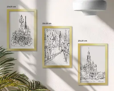 Paprasti miesto vaizdų piešiniai 3 paveikslų rinkinys su rėmais