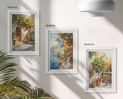 Įrėmintų paveikslų rinkinys Nutapyti citrusiniai vaisiai ir pajūrio peizažai