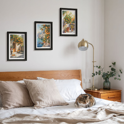 Įrėmintų paveikslų rinkinys Nutapyti citrusiniai vaisiai ir pajūrio peizažai