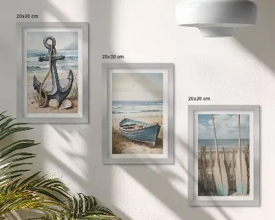 Valties inkaras ir irklai paplūdimyje su jūra 3 paveikslų rinkinys su rėmais