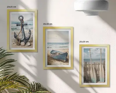 Valties inkaras ir irklai paplūdimyje su jūra 3 paveikslų rinkinys su rėmais