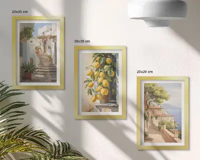 Įrėmintų paveikslų rinkinys žavingos gatvės su citrinomis ir vaizdu į jūrą