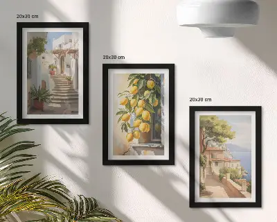 Įrėmintų paveikslų rinkinys žavingos gatvės su citrinomis ir vaizdu į jūrą