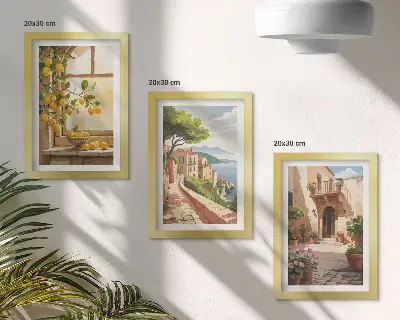 Įrėmintų paveikslų rinkinys su citrusiniais vaisiais virtuvėje, vaizdu į jūrą ir žavingą miestelį