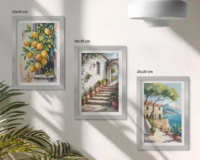 Įrėmintų paveikslų rinkinys su citrinų, gėlių ir pajūrio vaizdais