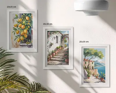 Įrėmintų paveikslų rinkinys su citrinų, gėlių ir pajūrio vaizdais