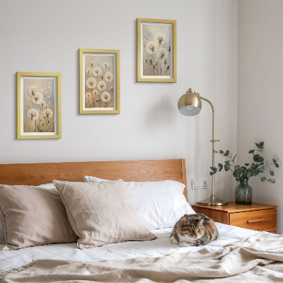 3 paveikslų rinkinys su rėmais Baltos kiaulpienės ryškių spalvų fone