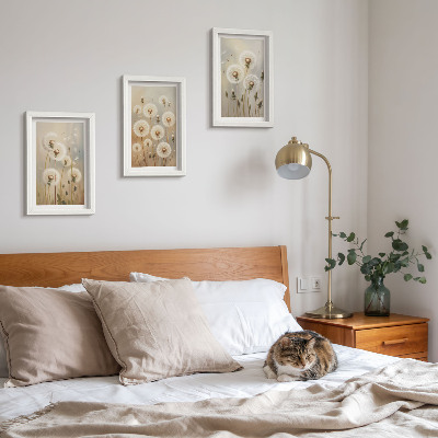 3 paveikslų rinkinys su rėmais Baltos kiaulpienės ryškių spalvų fone