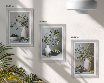 Įrėmintų paveikslų rinkinys Alyvuogės vazose prislopintų spalvų fone