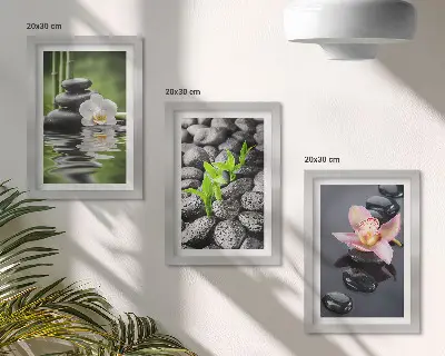 Įrėmintų paveikslų rinkinys ramios dzen kompozicijos su akmenimis ir gėlėmis ant vandens