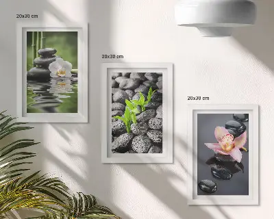 Įrėmintų paveikslų rinkinys ramios dzen kompozicijos su akmenimis ir gėlėmis ant vandens