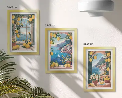 Vaizdas į jūrą su itališkomis citrinomis 3 paveikslų rinkinys su rėmais