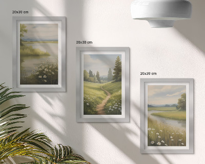 Įrėmintų paveikslų rinkinys Pavasarinis peizažas su upe, taku ir gėlių pieva