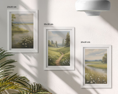 Įrėmintų paveikslų rinkinys Pavasarinis peizažas su upe, taku ir gėlių pieva