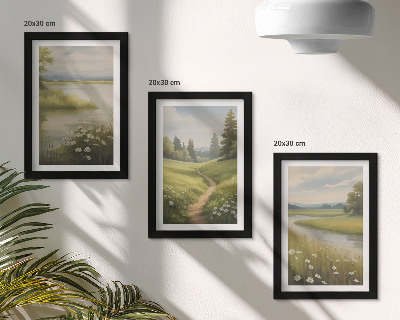 Įrėmintų paveikslų rinkinys Pavasarinis peizažas su upe, taku ir gėlių pieva