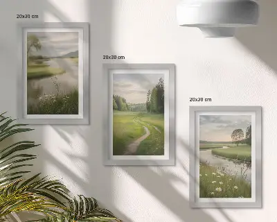 Ramus vasaros peizažas su upe ir gėlių pieva 3 paveikslų rinkinys su rėmais