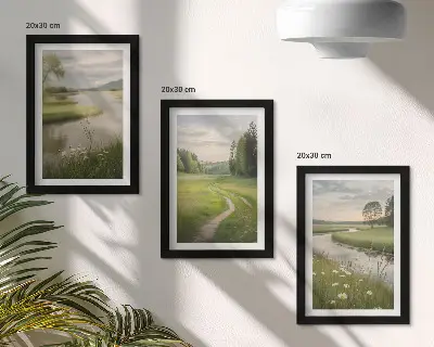 Ramus vasaros peizažas su upe ir gėlių pieva 3 paveikslų rinkinys su rėmais