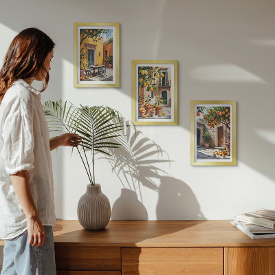 Įrėmintų paveikslų rinkinys Citrusiniai vaisiai saulėtoje sodo aplinkoje