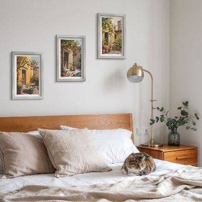 Įrėmintų paveikslų rinkinys Citrusiniai vaisiai saulėtame kieme su augalais