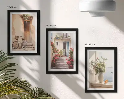 Žavingos pajūrio gatvelės su gėlėmis ir dviračiais 3 paveikslų rinkinys su rėmais