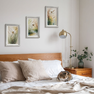 3 paveikslų rinkinys su rėmais Laumžirgiai tarp žolės prie vandens tapybišku stiliumi