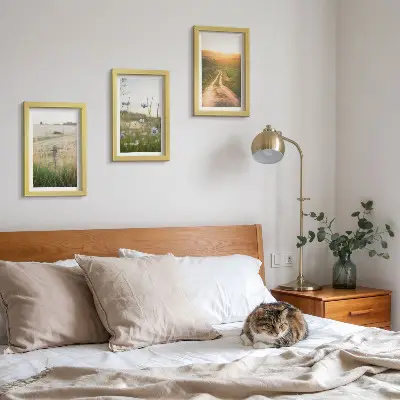 Gamtos peizažai su laukais ir saulėtu taku 3 paveikslų rinkinys su rėmais