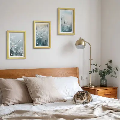 Paveikslų rinkinys su rėmais trys dalys su rasos lašais ant gležnų kiaulpienių