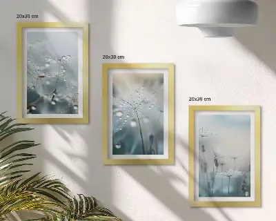 Paveikslų rinkinys su rėmais trys dalys su rasos lašais ant gležnų kiaulpienių