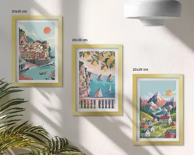 Spalvingi kalnų peizažai ir pajūrio miestai 3 paveikslų rinkinys su rėmais