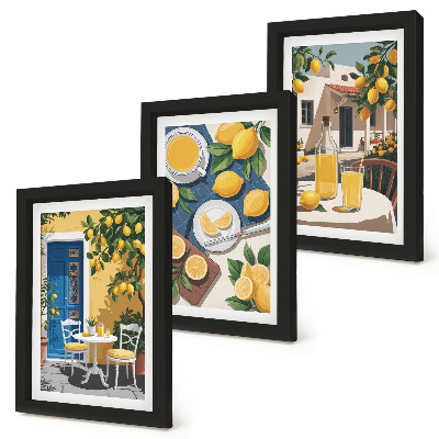 3 paveikslų rinkinys su rėmais Limonadas su itališkais vaizdais ir terasa saulėje
