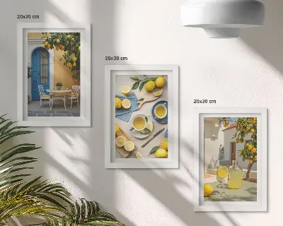 Įrėmintų paveikslų rinkinys su citrinų, limonado ir mėlynų durų vasaros vaizdais